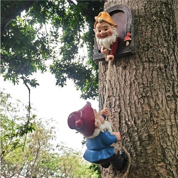 Funny Garden Gnome, Climbing Gnome Tree Hugger Decor Tree Sculpture Garden - Picture 1 of 7